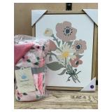 Floral Canvas Art and Pink Plush Blanket Set