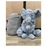 Gray Elephant Plush Toy and Knit Blanket Set