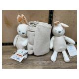 2 Plush Bunny Dolls With Knit Blanket