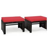 2 Wicker Ottomans with Red Cushions