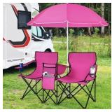 Pink Double Folding Camp Chair with Umbrella
