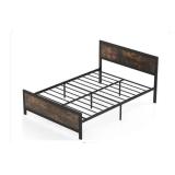 Full Size Metal Bed Frame with Wood Accents