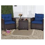 Coustway 3pc Rattan Patio Set Navy Cushions