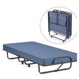 Folding Bed With Blue Mattress And Metal Frame