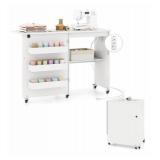 White Folding Sewing Table with Storage Shelves