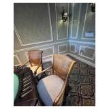 WOOD / WICKER CHAIRS WITH BLUE & TAN FABRIC SEATS