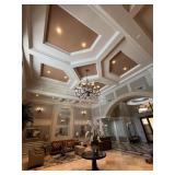 LARGE METAL / PRISM CHANDELIER WITH TAN SHADES