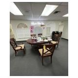 DINING ROOM TABLE WITH 5 WOOD CHAIRS WITH TAN CLOT