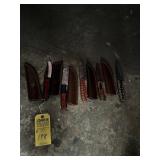 ASSORTED WOOD HANDLE KNIVES WITH LEATHER SHEATHS