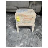 WOOD CHEST WITH DESIGN ON STAND