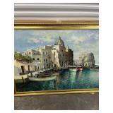 FRAMED OIL PAINTING - COASTAL HARBOR SCENE - SIGNE