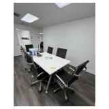 WHITE CONFERENCE TABLE WITH 6 BROWN ROLLING CHAIRS