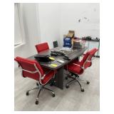 GRAY CONFERENCE TABLE WITH 4 RED LEATHER ROLLING C