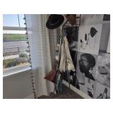 8PC COAT RACK & CLOTHING ITEMS