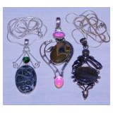Sterling: 3 large pendant w/ stones, 2 on chain
