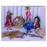 7 figural Christmas tree ornaments, mostly glass