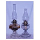 2 antique glass oil lamps w/ chimneys, 17" and