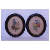 2 botanical floral prints in antique oval frames