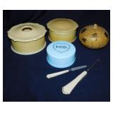 3 antique celluloid pieces: Hair receiver - Powder