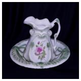 Large vintage ceramic pitcher & bowl, 13" tall