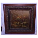 Antique Winter ice skating print in ornate frame,