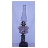 Antique hand painted brass & glass oil lamp w/