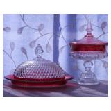 Indiana Diamond Point Ruby Red glass oval butter