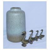 Spatterware ceramic vase, 7" - Solid brass ducks