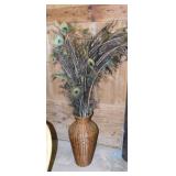 Woven rattan urn floor vase w/ peacock feathers,