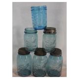 6 blue Ball Mason jars - 4 zinc lids