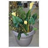 2 plastic patio planters full of faux greenery &