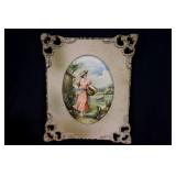 Victorian farm print in antique wood frame, 10" x