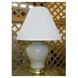 Glass table lamp w/ finial & pleated linen shade,