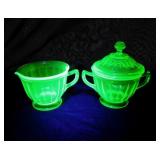Federal Colonial Uranium glass creamer & sugar