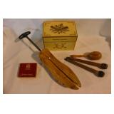 Ohio Art Co. tin recipe box - 2 wooden yarn