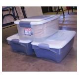 Three 18 qt. storage totes w/ lids - Tablecloths -
