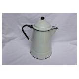 White enamelware coffeepot w/ hinged lid, 10"