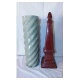 Glazed ceramic obelisk & vase, 16" tall
