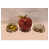 Marble apple paperweight w/ brass stem - 2 domed