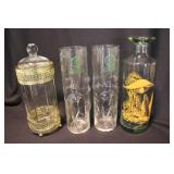 Glass lidded storage jar w/ metal base, 9" - Old