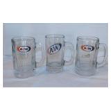 3 A&W Root Beer glass mugs, 5.75" and 6" tall