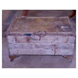 Primitive wood trunk w/ cast iron feet, barn