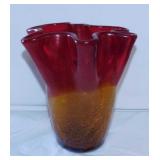 Hand blown crackle glass vase, 9.5" tall