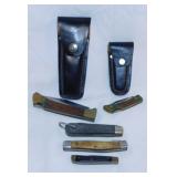 5 pocket knives, 2 in leather sheaths - Stainless