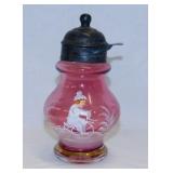 Mary Gregory cranberry glass syrup dispenser w/