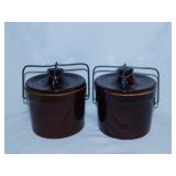 2 vintage brown stoneware cheese crocks w/ wire