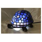 Cast iron & cobalt stained glass turtle table lamp