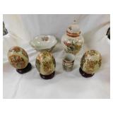 3 hand painted beaded porcelain eggs w/ Geisha