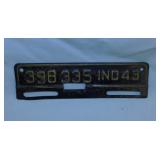 1943 Indiana Wartime embossed metal license plate