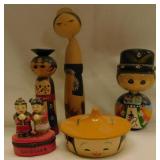 3 wooden Japanese Kokeshi dolls - Good Luck